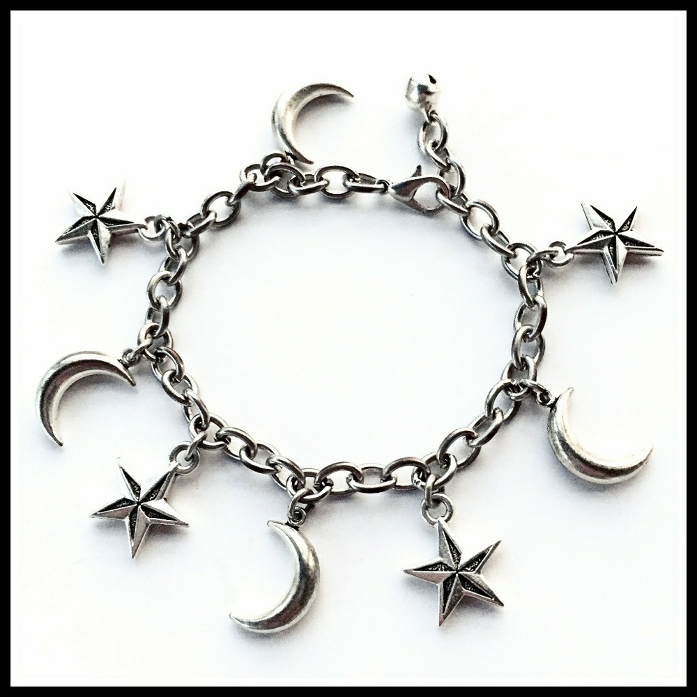 Crescent Moon & Nautical Star Charm Bracelet Adj